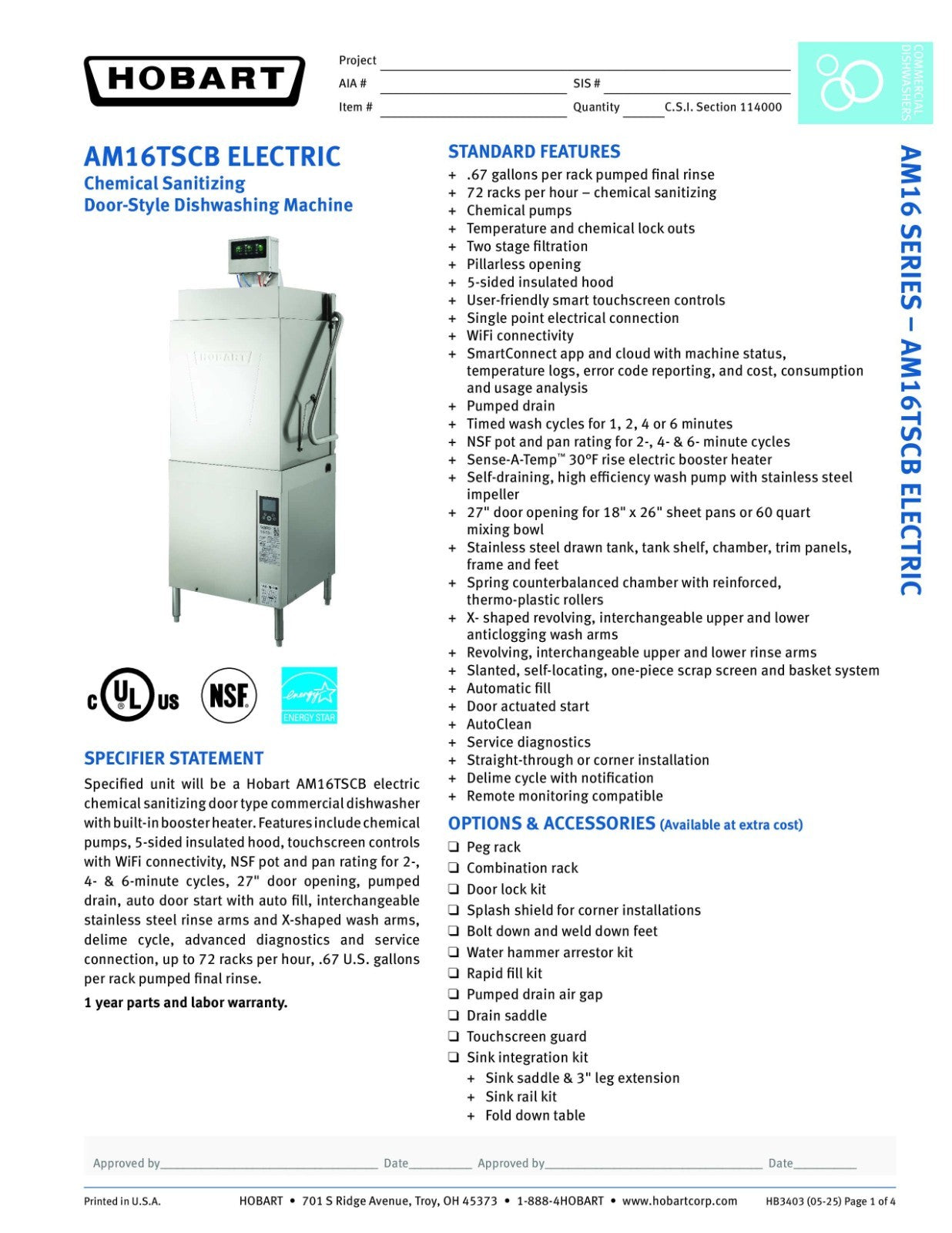 NEW Hobart AM16TSCB Electric Commercial Chemical Dishwasher with Booster Heater